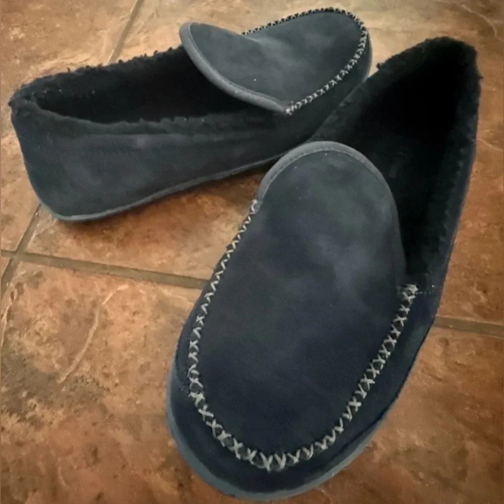 L.L. BEAN Mountain Slippers Blue Suede Flannel Lined Indoor Outdoor Moccasin 12M